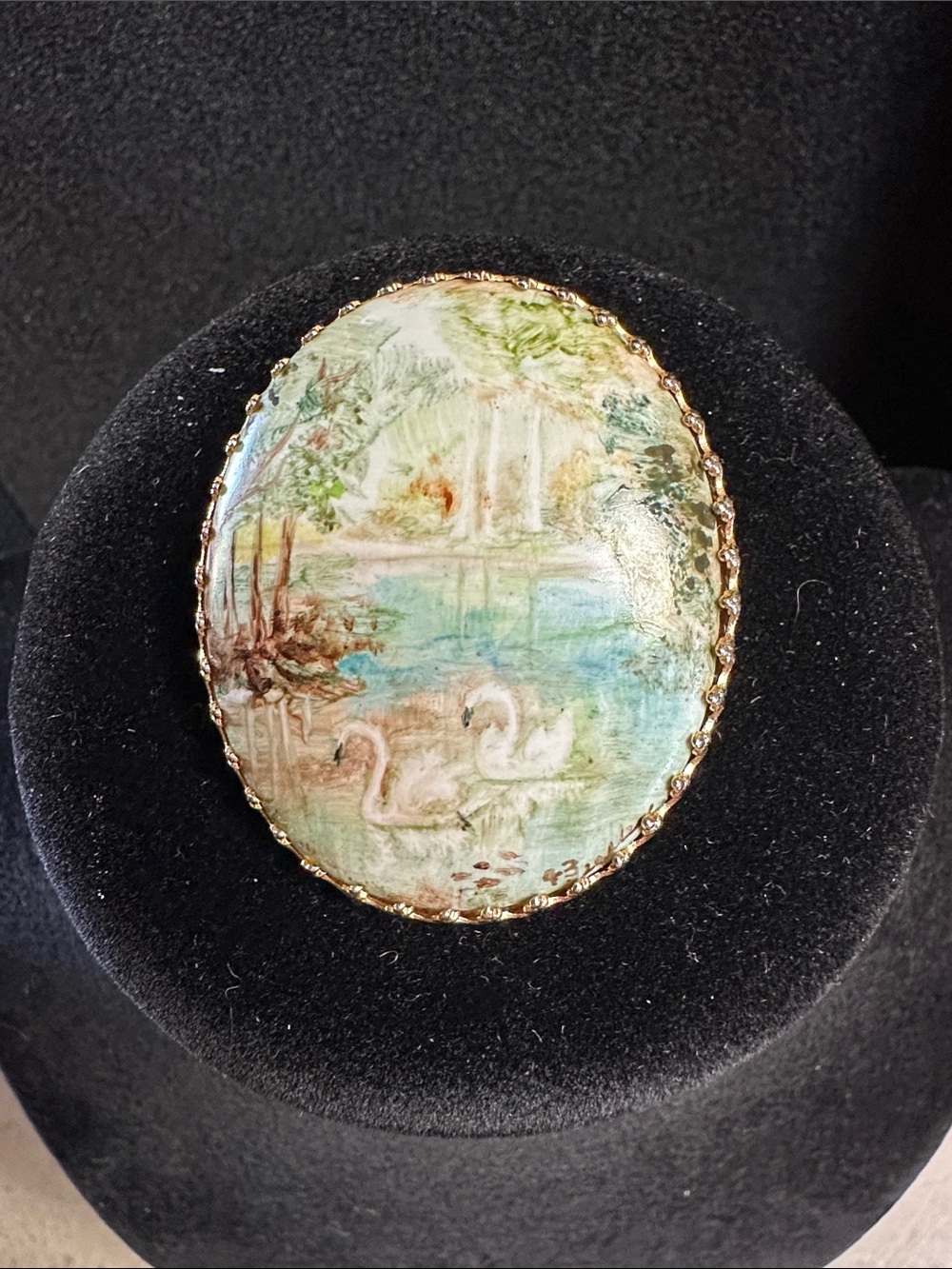 Vintage Mid Century Swan Cameo Brooch Gold Tone Textured Back Landscape Pin